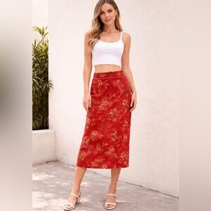 Eddie Bauer sz 12 red 100% cotton floral long skirt